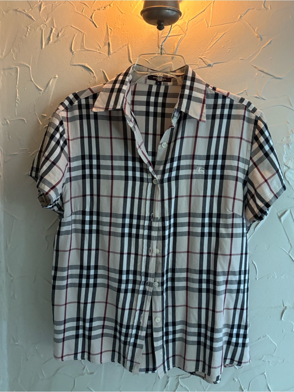 Burberry Black White and Red Plaid Short-Sleeve Button-Up Shirt